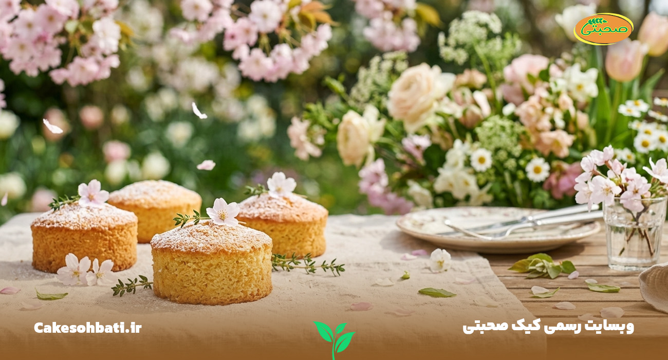 نمایی از چهار عدد کیک اسفنجی بستهبندی شده بر روی یک میز چوبی درون یک باغ بهاری که آمادده فروش عمده کیک در بهار هستند.