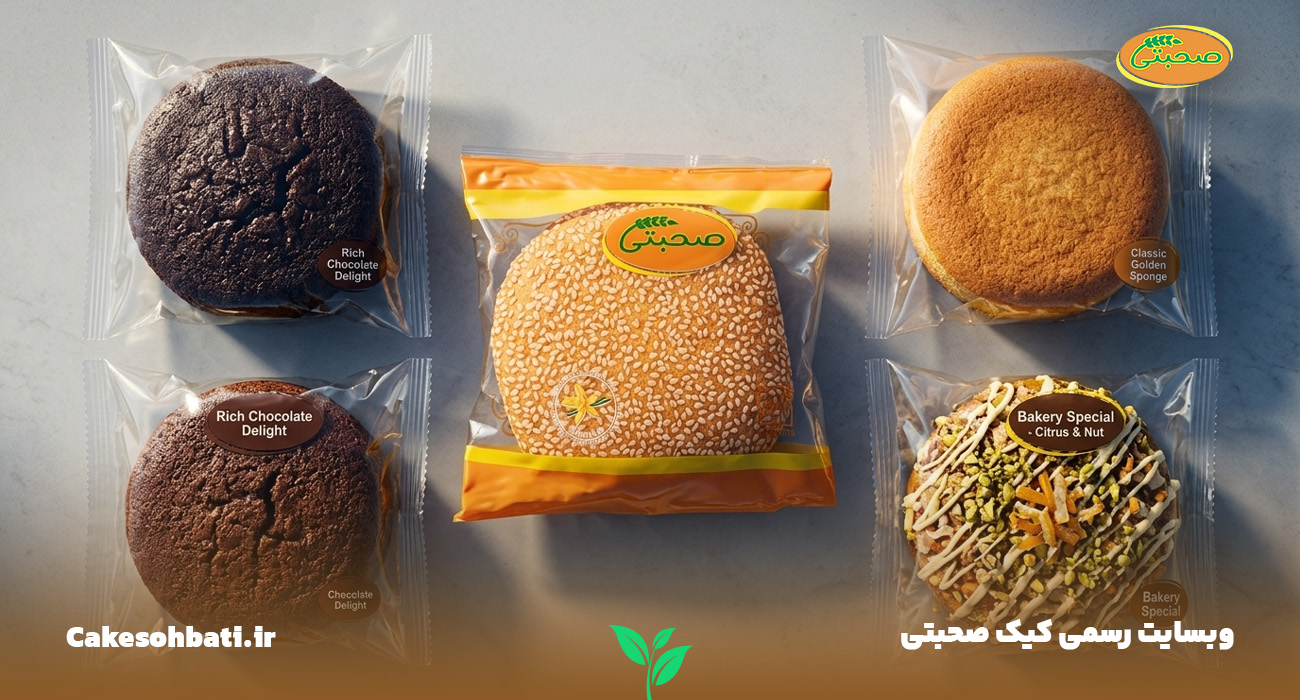 نمای بالایی از دو عدد کیک شکلاتی، یک کیک اسفنجی، یک کیک مغز‌دار پسته‌ای و کیک صحبتی درون بسته‌بندی در کنار هم بر روی یک میز که به انواع کیک عمده و متفاوت بودن ذائقه مشتری کیک و سلیقه‌ آن‌ها اشاره دارد.